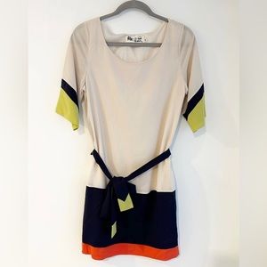 Anthropologie C. Luce Colorblock Shift Dress Tie Waist 3/4 Sleeves Small in EUC